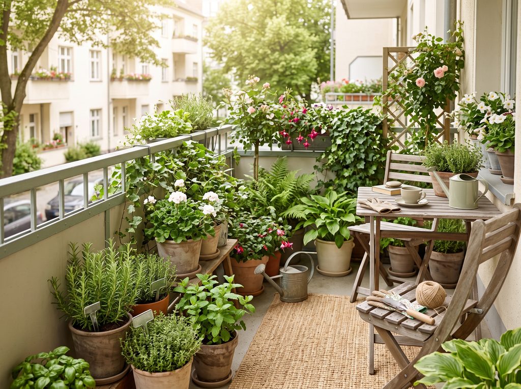 Gemütlicher Balkon mit Pflanzen und Kräutern