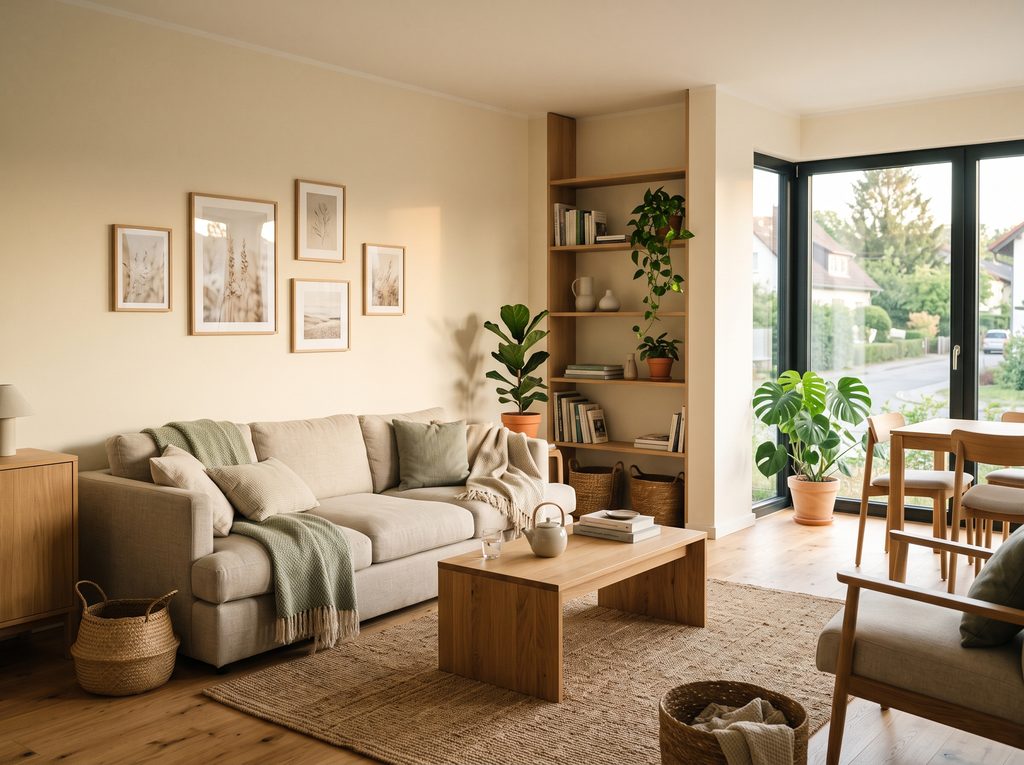 Modernes Zuhause mit natürlicher Einrichtung und Pflanzen