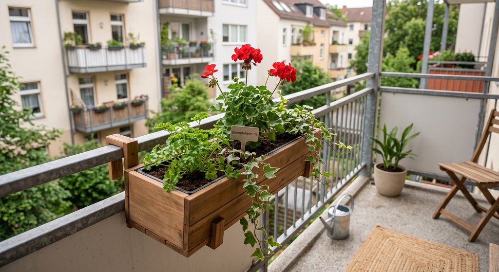 Verschiedene Pflanzen passend im Balkonkasten kombiniert
