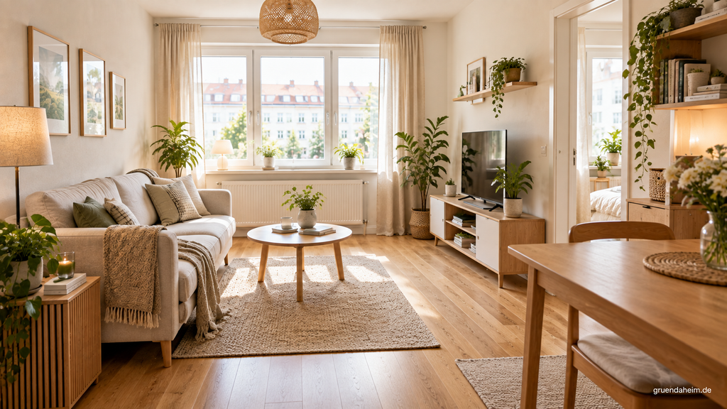 Wandregale und hoher Stauraum in einer kleinen Wohnung