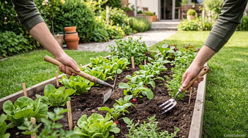 Gartenhacke und Gartengabel für die Bodenpflege