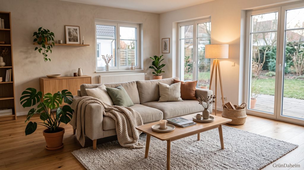 Gemütlicher Mittelpunkt mit Sofa Teppich und Beleuchtung