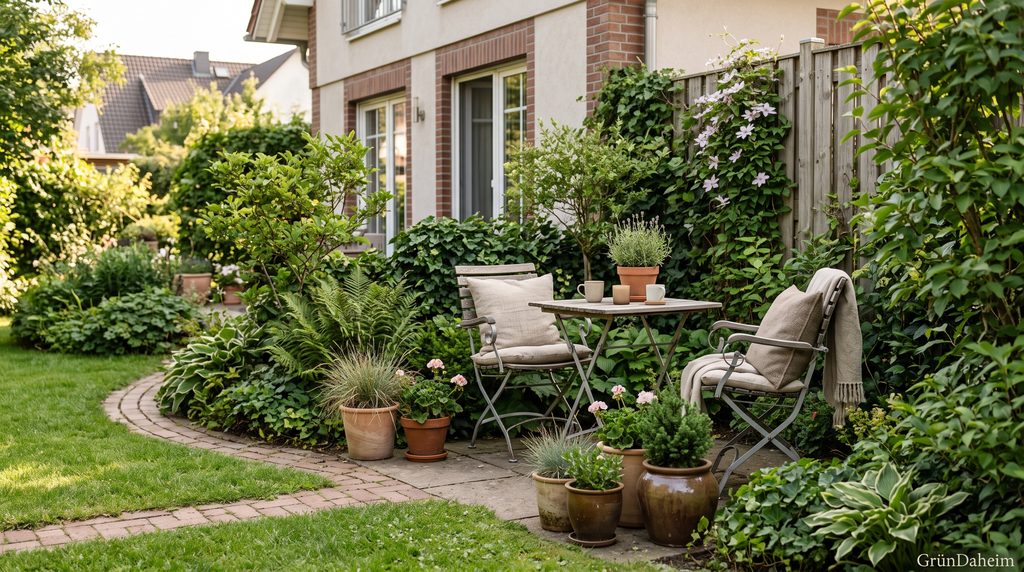Gemütlicher Sitzplatz in einem kleinen Garten