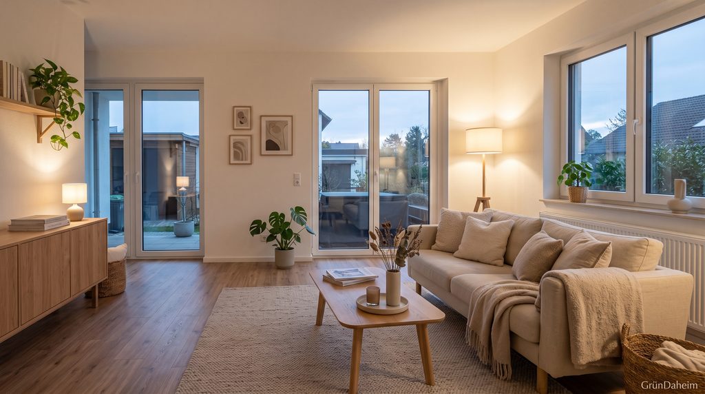 Gemütliches Wohnzimmer mit warmem Licht und Textilien