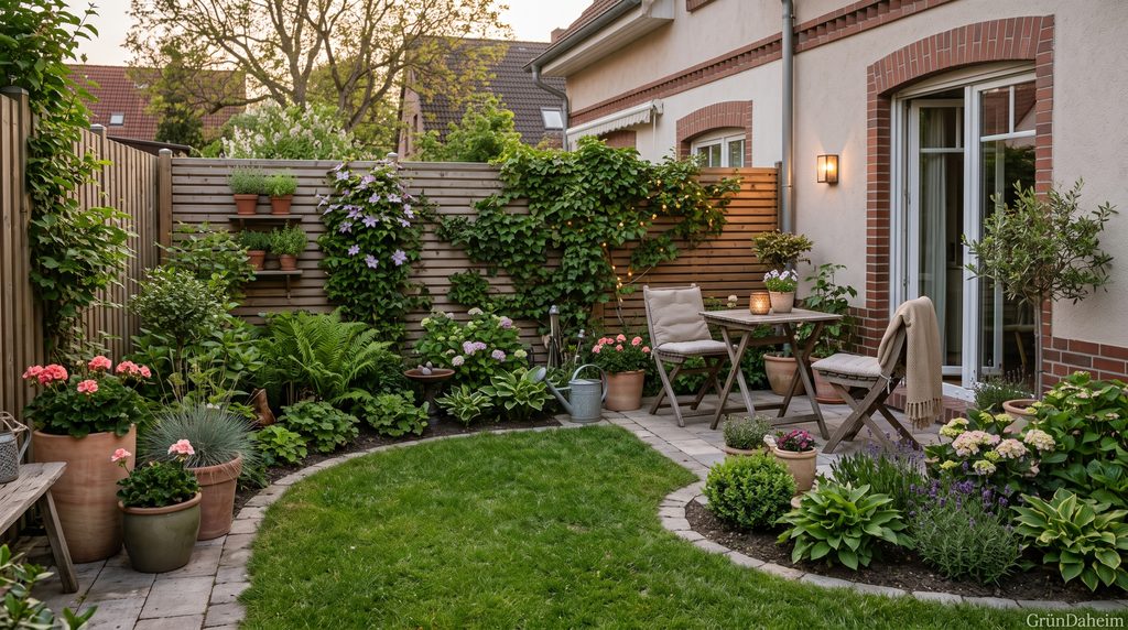Kleiner gemütlicher Garten mit Pflanzen und Beleuchtung