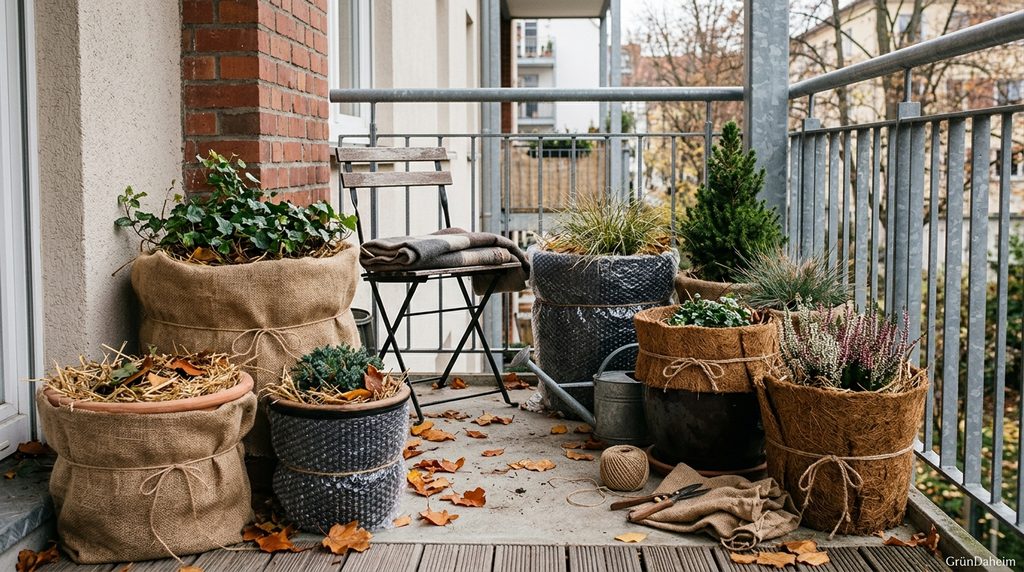 Kübelpflanzen und Töpfe auf dem Balkon vor Frost schützen