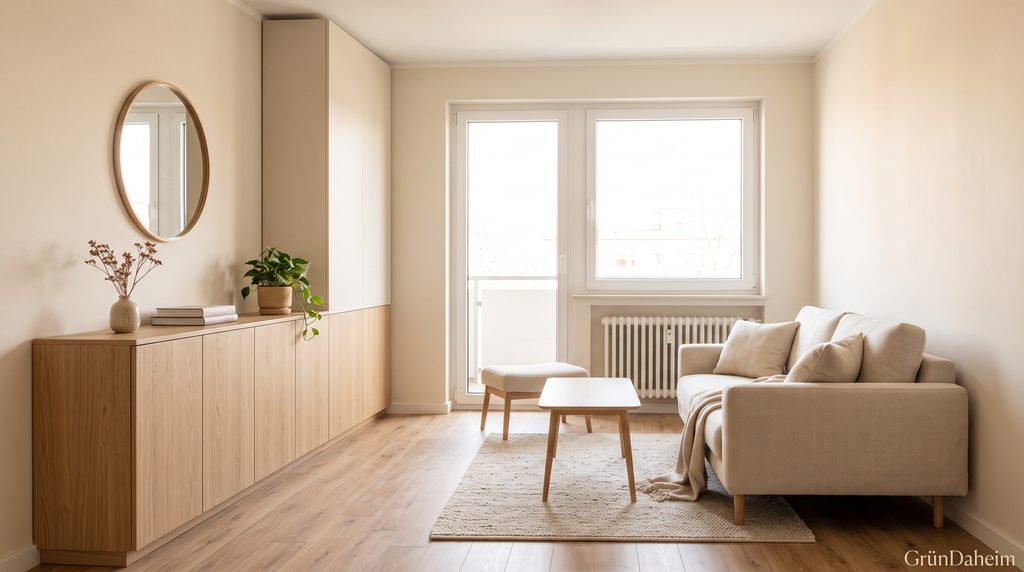 Ordentliches kleines Wohnzimmer mit Stauraum